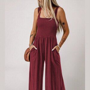 Red Casual Womens Solid Slant Pocket Wide Leg Jumpsuit